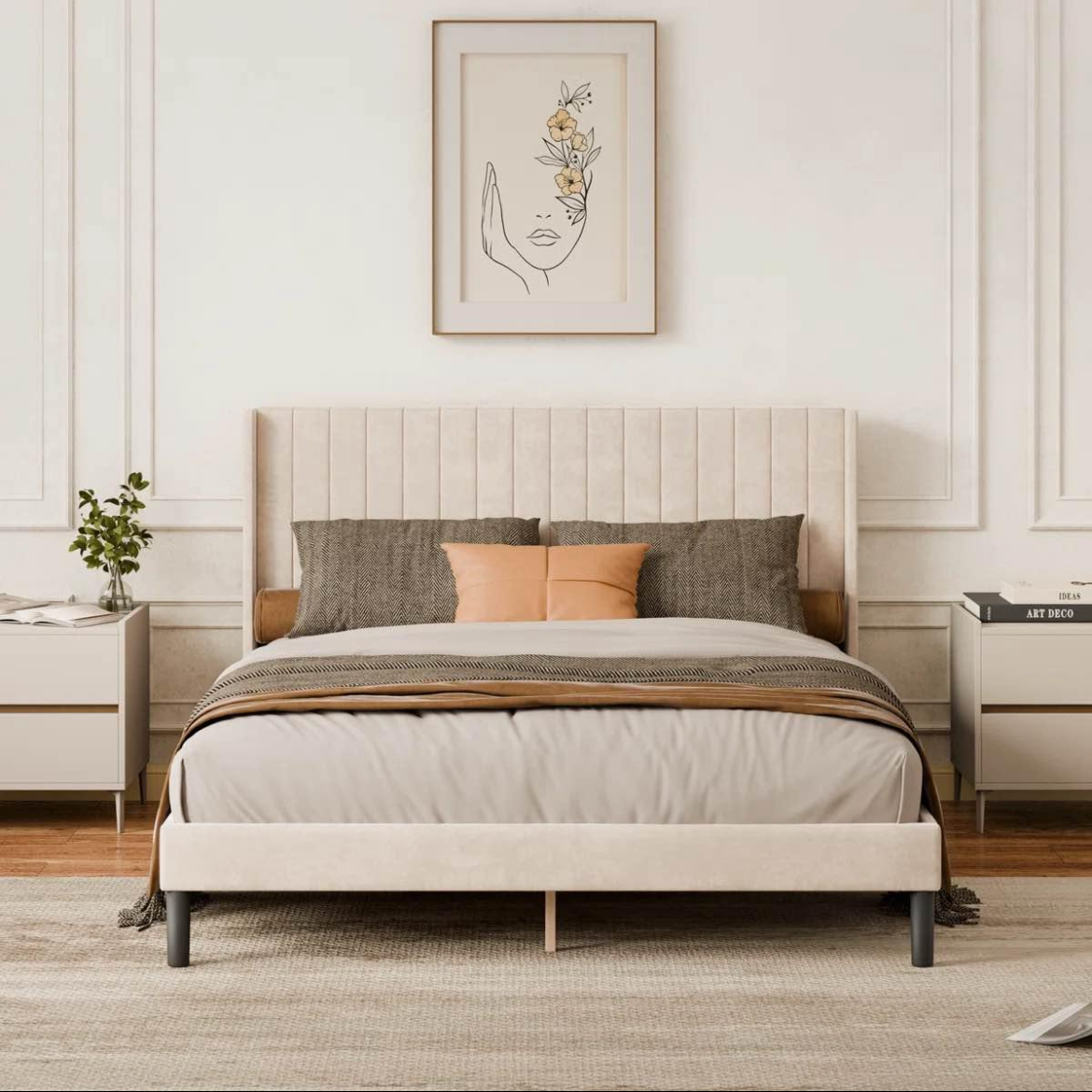 Modern Upholstered Vertical Channel Bed Frame with Elegant Headboard – Beige & Black