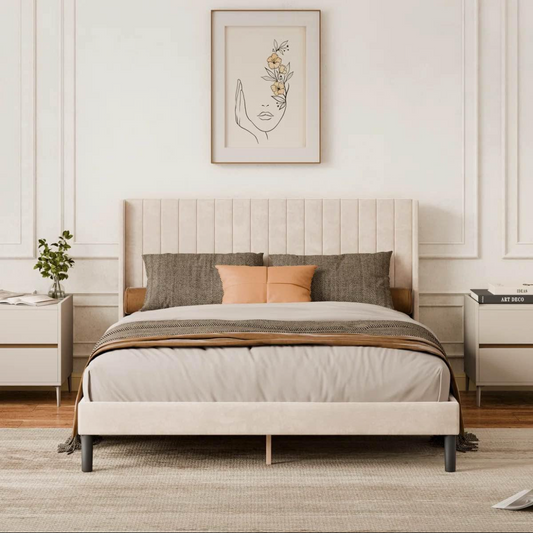 Modern Upholstered Vertical Channel Bed Frame with Elegant Headboard – Beige & Black
