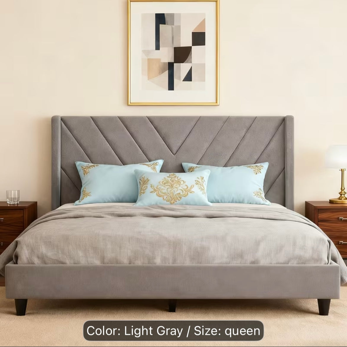Modern Light Gray Upholstered Queen Bed Frame with Geometric Wingback Headboard
