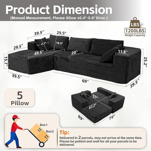 109'' Cloud Sectional Couch Modular Sectional Sofa, Corner Couch Sofa