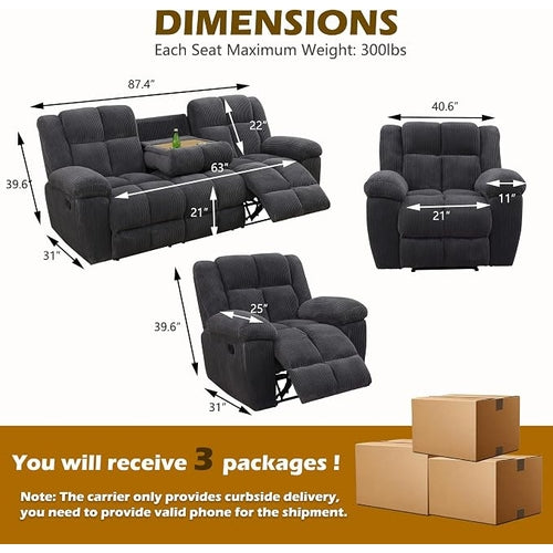 Recliner Sofa Set For Living Room, Corduroy Fabric Living Room Furniture Set, 3 Piece
