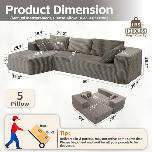 109'' Cloud Sectional Couch Modular Sectional Sofa, Corner Couch Sofa