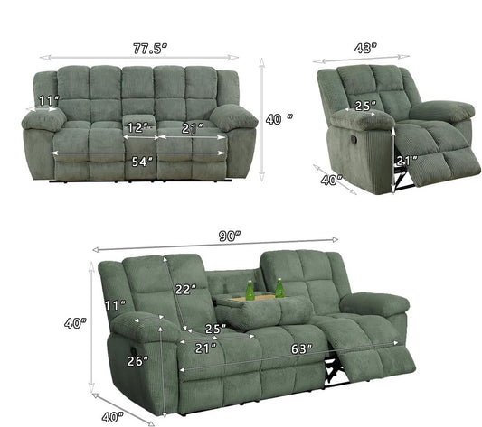 Manual Recliner Sofa Set, Corduroy Recliner Chair and Loveseat Sofa, (3 Piece Set, Green)