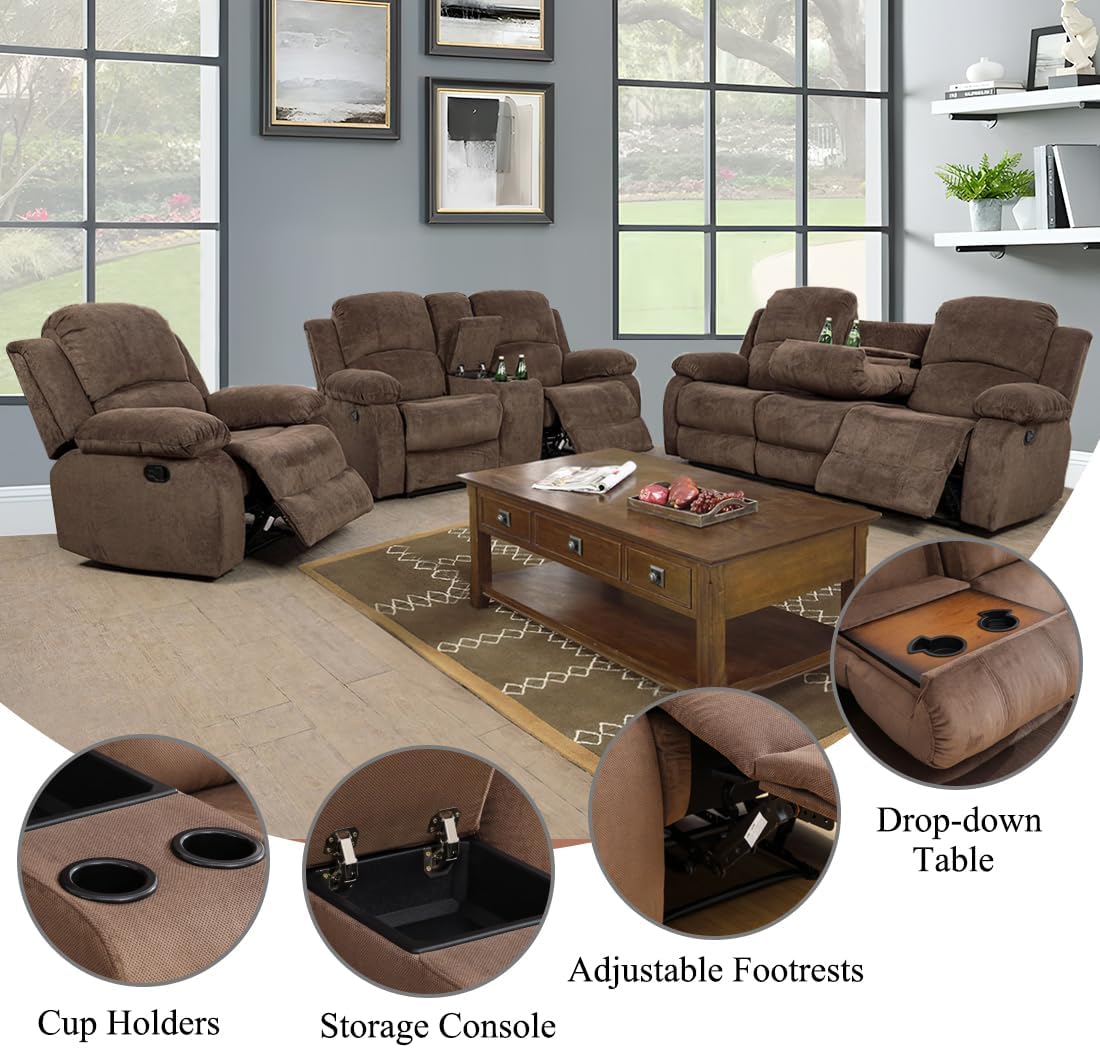 Recliner Sofa Set, Living Room Furniture Set, (a-Corduroy Brown,3 pcs Set)