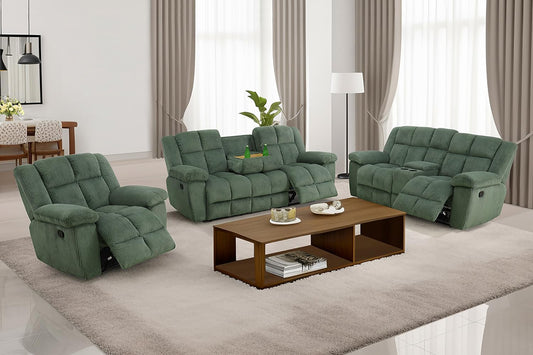 Manual Recliner Sofa Set, Corduroy Recliner Chair and Loveseat Sofa, (3 Piece Set, Green)