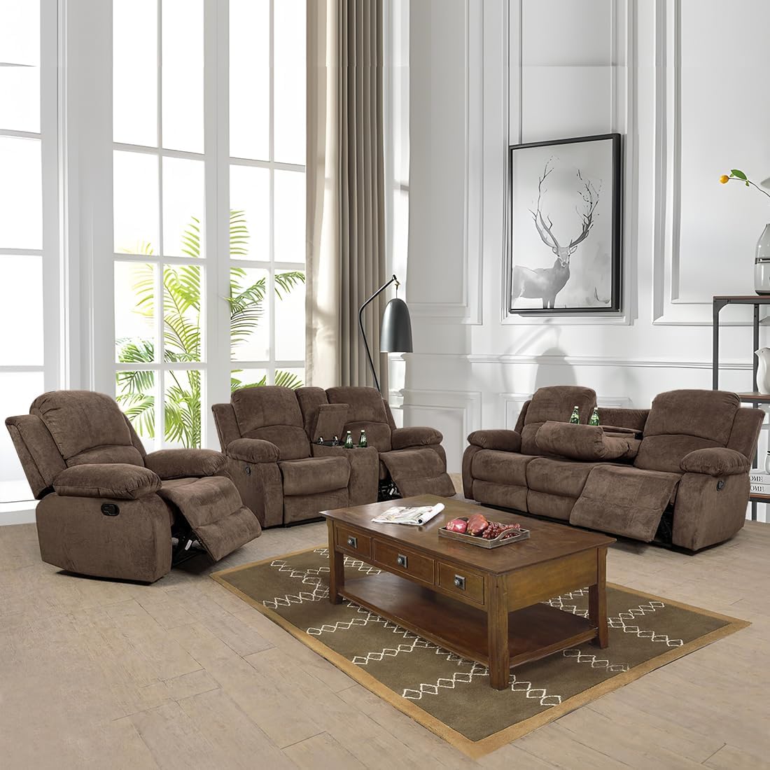 Recliner Sofa Set, Living Room Furniture Set, (a-Corduroy Brown,3 pcs Set)