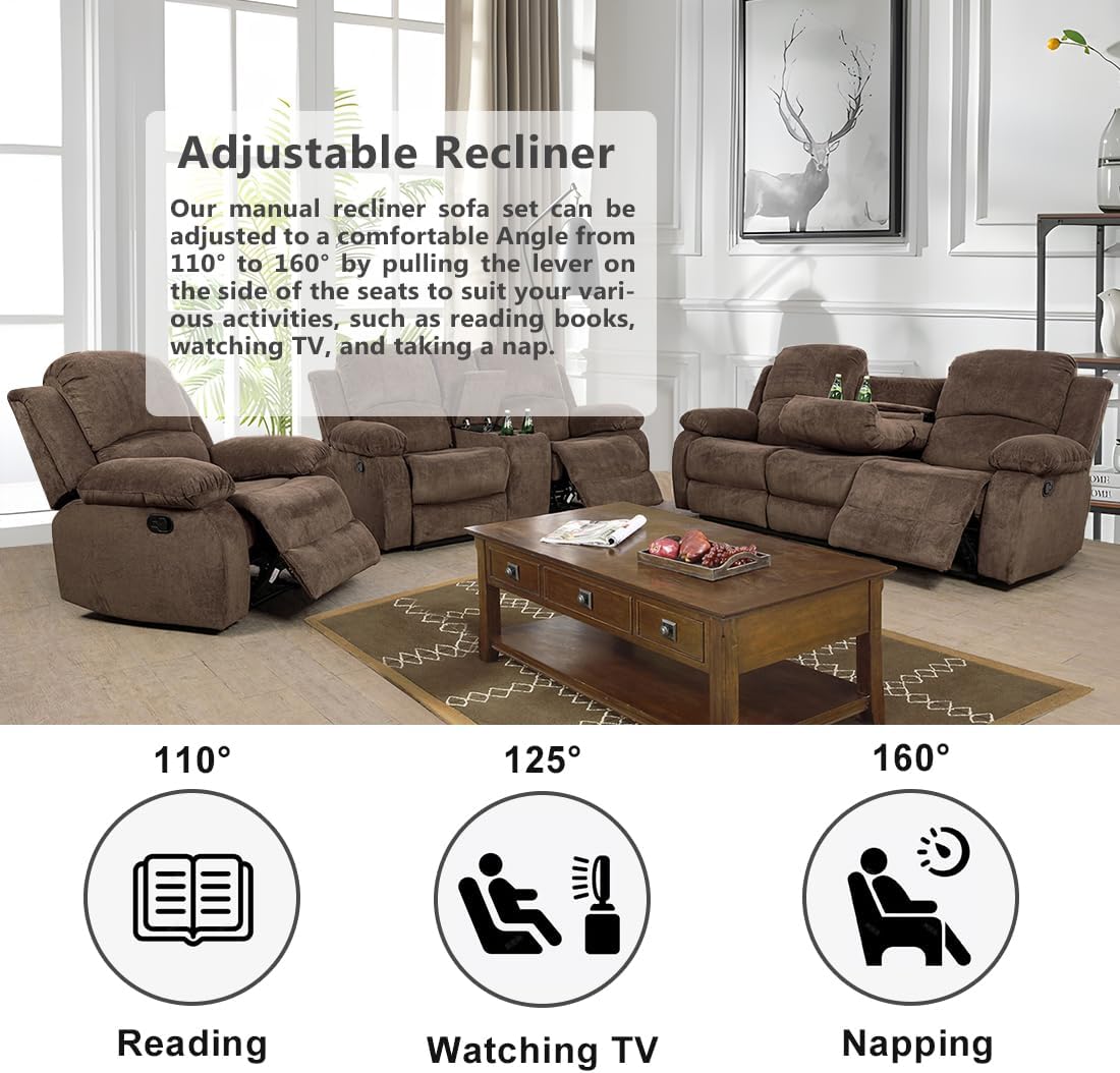 Recliner Sofa Set, Living Room Furniture Set, (a-Corduroy Brown,3 pcs Set)