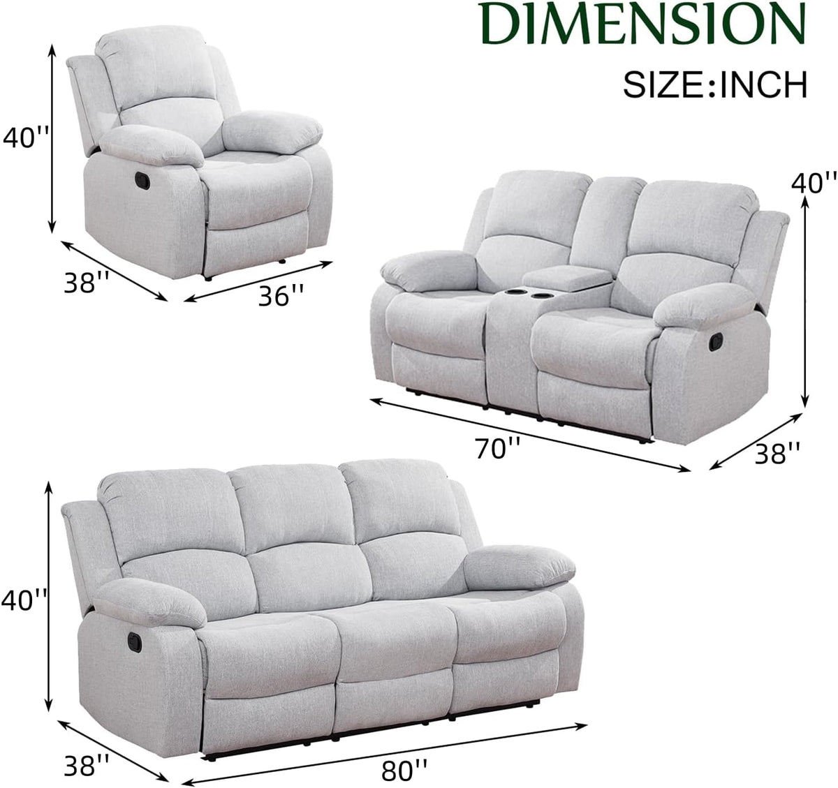 Fabric Recliner Sofa Set for Living Room Furniture Grey (3 Pieces Set)