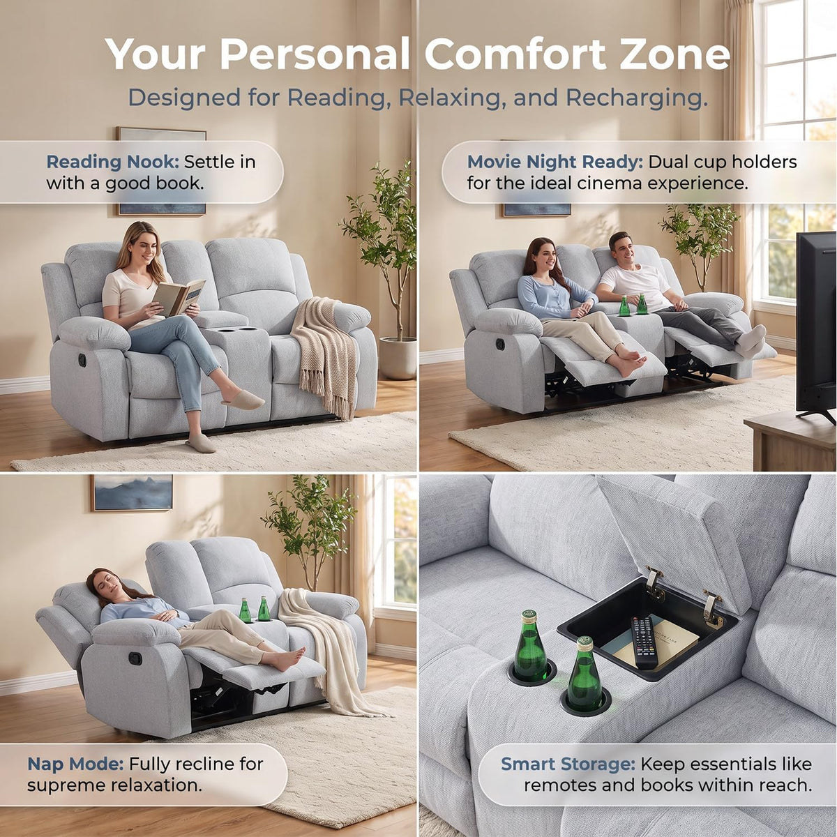 Fabric Recliner Sofa Set for Living Room Furniture Grey (3 Pieces Set)