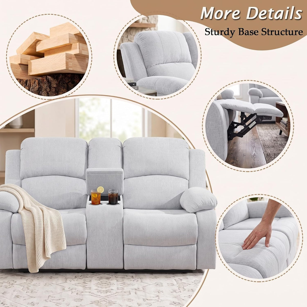 Fabric Recliner Sofa Set for Living Room Furniture Grey (3 Pieces Set)