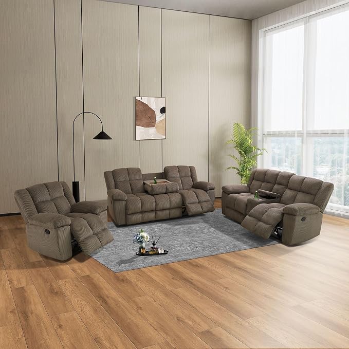 Oversize Manual Corduroy Living Room Recliner Sofa Set, (Brown-2, Sofa Loveseat Chair)