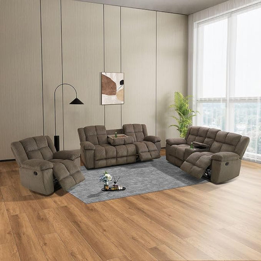 Oversize Manual Corduroy Living Room Recliner Sofa Set, (Brown-2, Sofa Loveseat Chair)