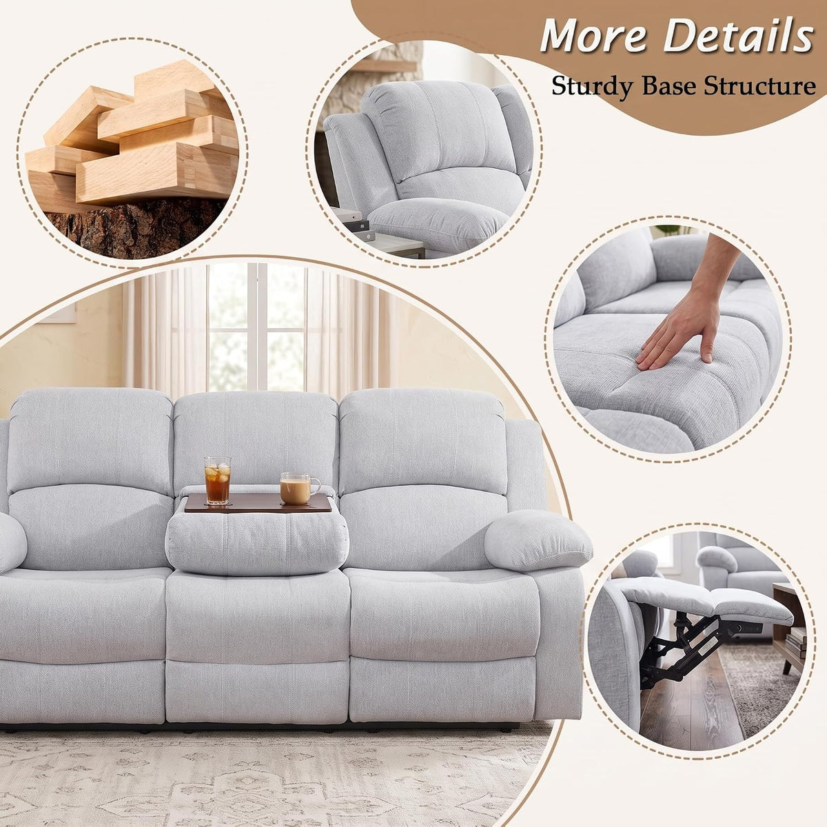 Fabric Recliner Sofa Set for Living Room Furniture Grey (3 Pieces Set)