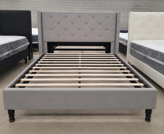 Modern Upholstered Platform Bed Frame with Tufted Headboard & Nailhead Trim