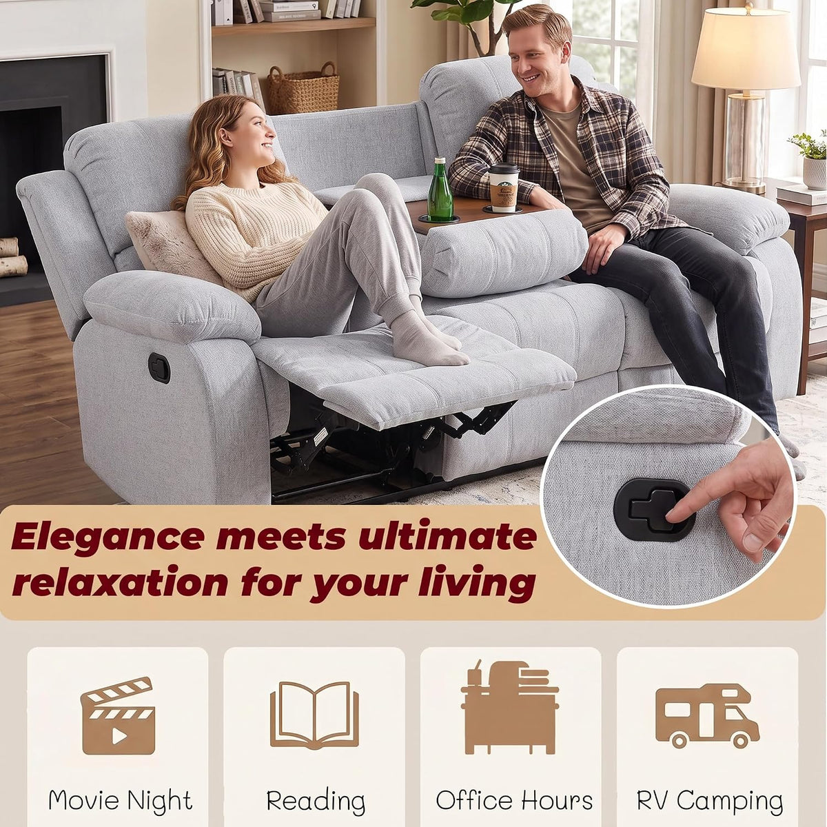 Fabric Recliner Sofa Set for Living Room Furniture Grey (3 Pieces Set)