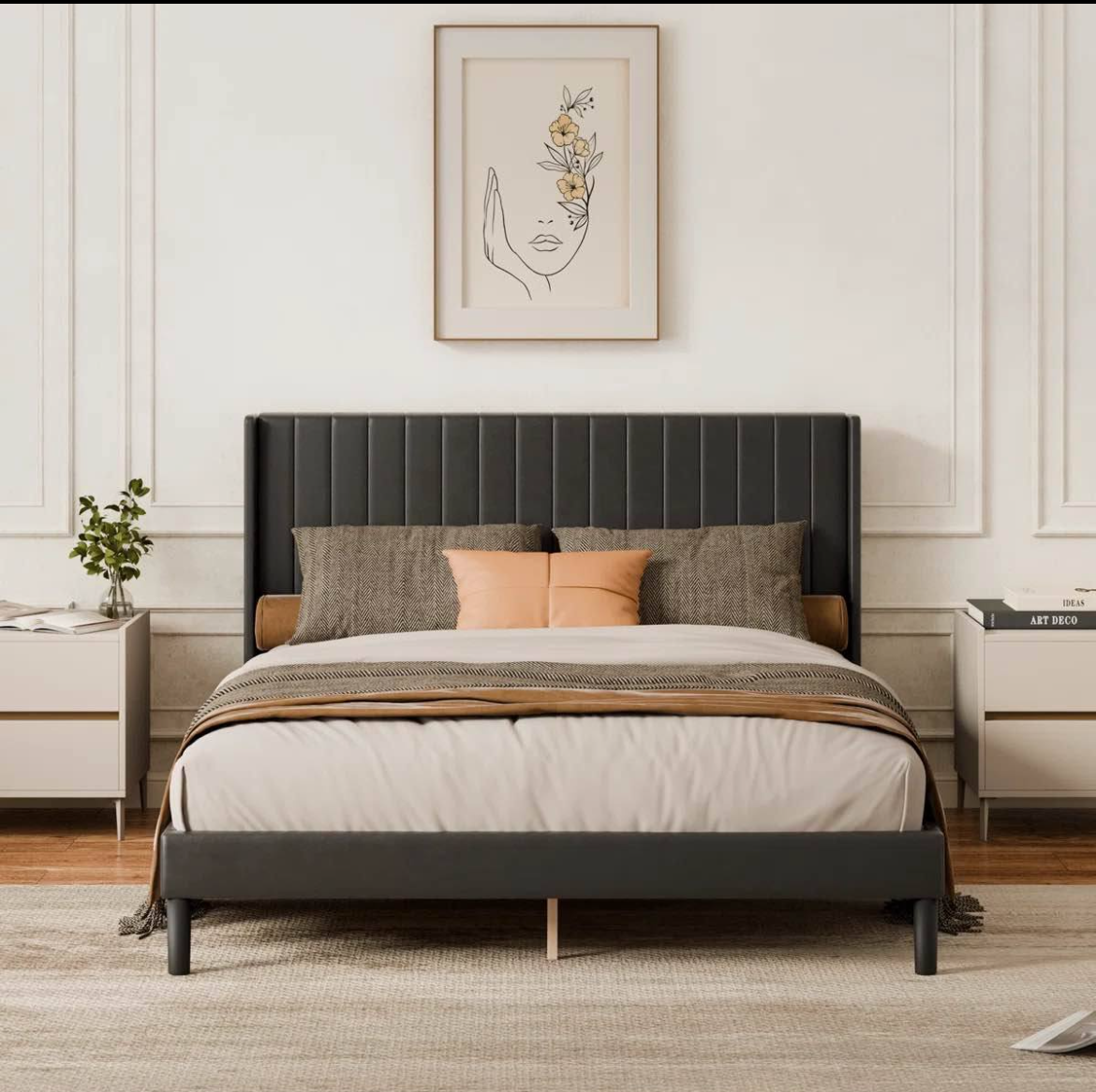 Modern Upholstered Vertical Channel Bed Frame with Elegant Headboard – Beige & Black