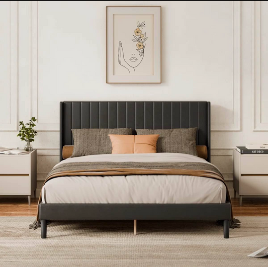 Modern Upholstered Vertical Channel Bed Frame with Elegant Headboard – Beige & Black