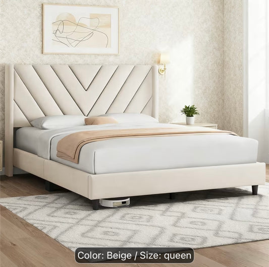 Modern Beige Upholstered Queen Size Bed Frame with Geometric Wingback Headboard