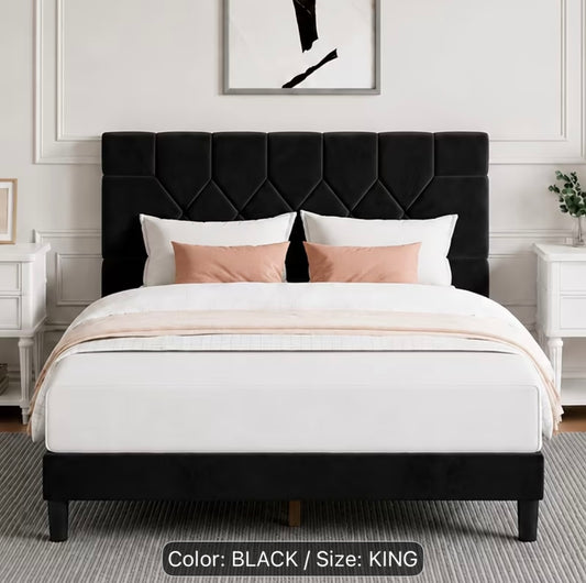 Luxury Black Upholstered with Modern Geometric Wingback Headboard