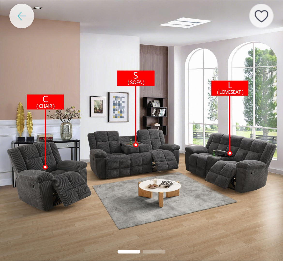 Recliner Sofa Set For Living Room, Corduroy Fabric Living Room Furniture Set, 3 Piece