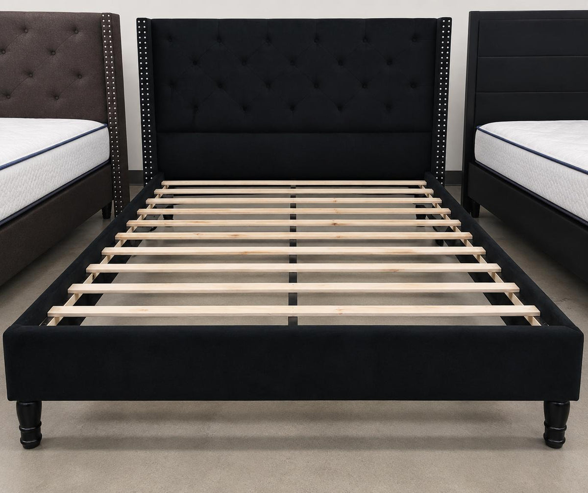Modern Upholstered Platform Bed Frame with Tufted Headboard & Nailhead Trim