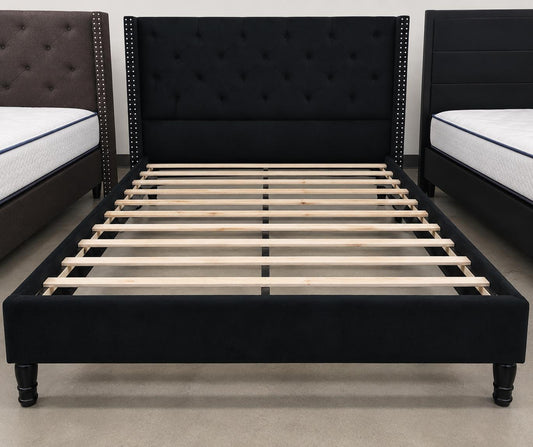 Modern Upholstered Platform Bed Frame with Tufted Headboard & Nailhead Trim