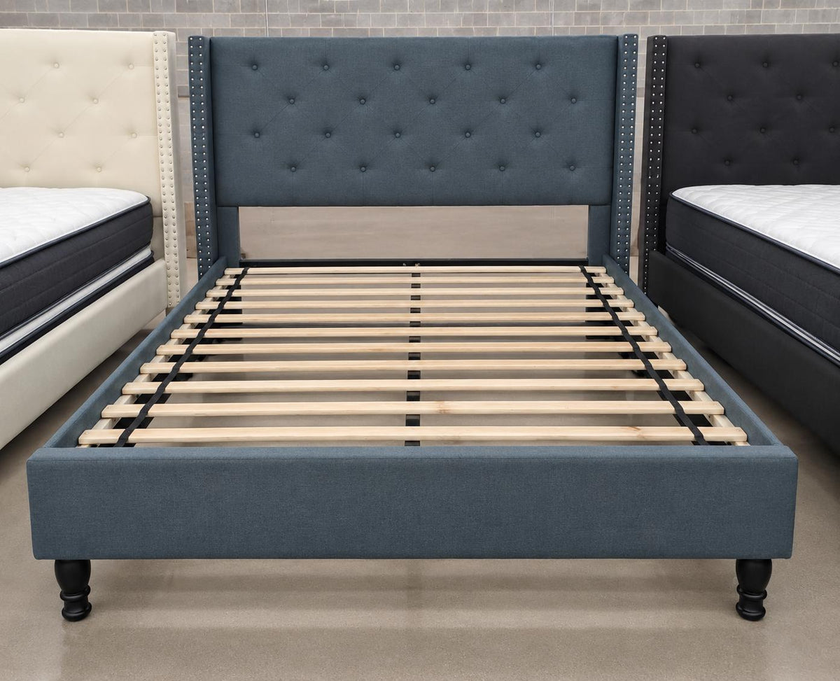 Modern Upholstered Platform Bed Frame with Tufted Headboard & Nailhead Trim